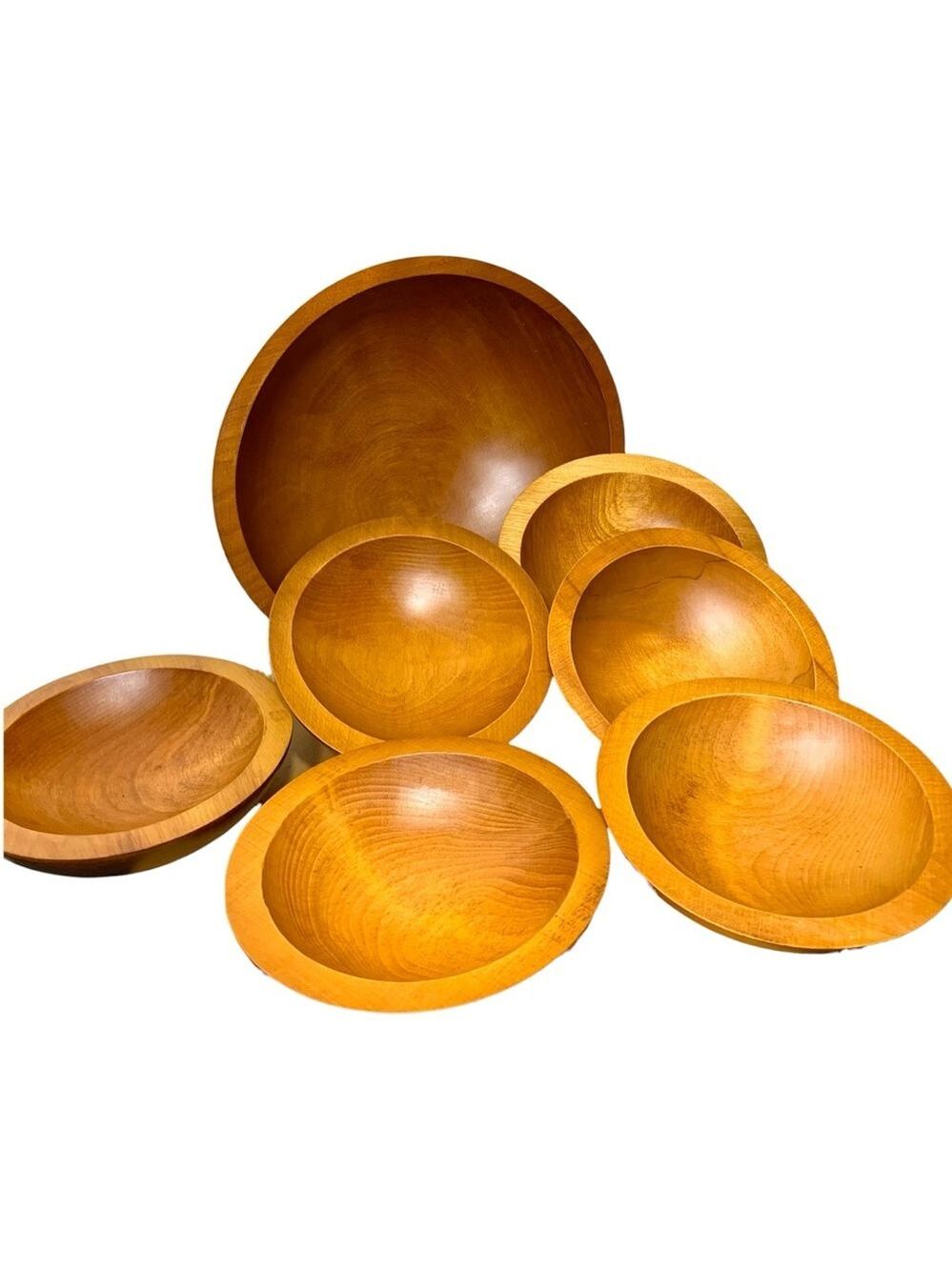 Vintage 70s Baribocraft Oval Wood Salad Serving Bowl Set 7 Handcrafted Maple